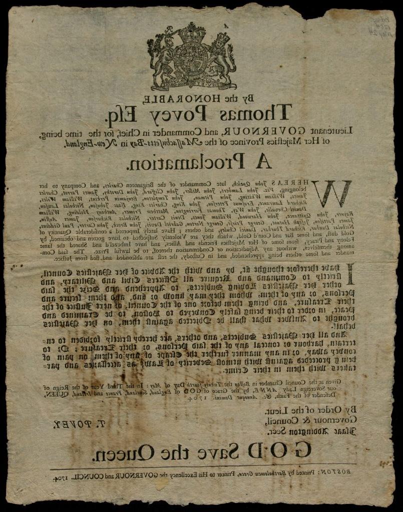 Color photograph of a broadside printed in black ink on paper discolored with age. At the top is the Royal King of England seal with a lion and unicorn surrounding it. 